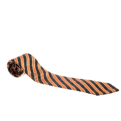 Pre-owned Giorgio Armani Vintage Orange And Black Diagonal Striped Silk Jacquard Tie