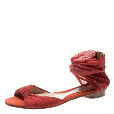 Pre-owned Fendi Orange Chiffon/suede Wrap Flat Sandals Size 39