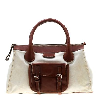 Pre-owned Chloé Brown/off-white Canvas And Leather Edith Shopper Tote