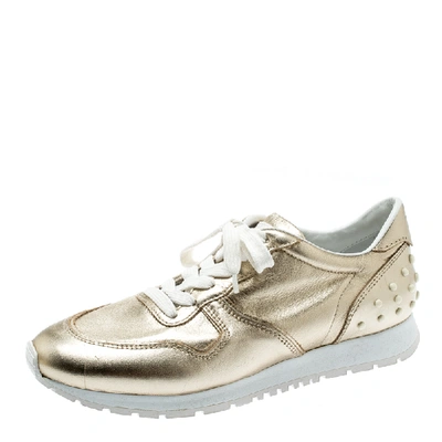 Pre-owned Tod's Metallic Gold Leather Allaciata Studded Lace Up Sneakers Size 39