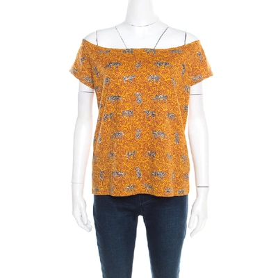 Pre-owned Kenzo Mustard Scribble Print Cotton Off Shoulder Top Xl In Yellow