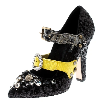 Pre-owned Dolce & Gabbana Black Sequins Embellished Buckle Strap Crystals Mary Jane Pumps Size 39