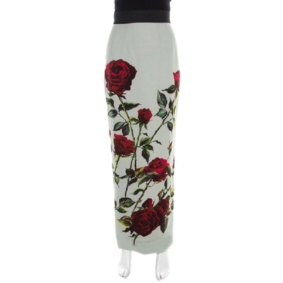 Pre-owned Dolce & Gabbana Mint Green Rose Printed Crepe Maxi Skirt Xs