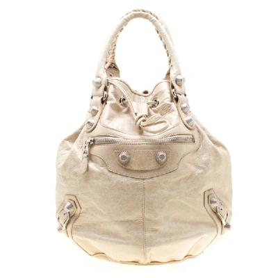 Pre-owned Balenciaga Sand Beige Leather Gsh 21 Pompon Hobo