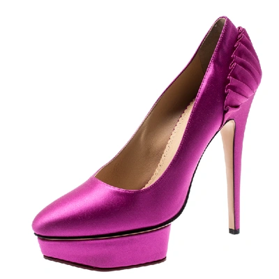 Pre-owned Charlotte Olympia Fuchsia Pink Satin Paloma Fan Pleat Platform Pumps Size 40