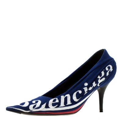 Pre-owned Balenciaga Blue Fabric And Leather Knife Logo Pointed Toe Pumps Size 36