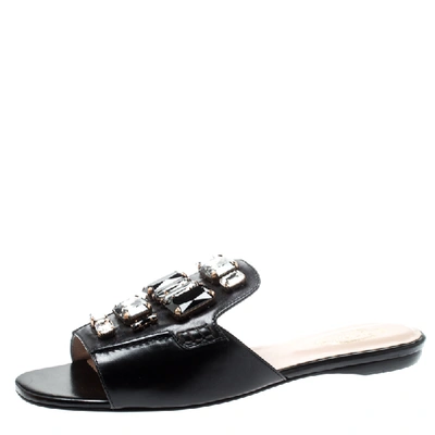 Pre-owned Tod's Limited Edition Black Leather Crystal Embellished Peep Toe Flat Slides Size 38