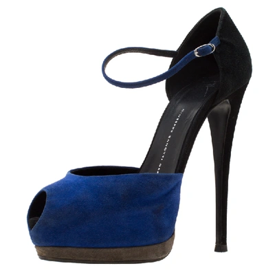 Pre-owned Giuseppe Zanotti Blue/black Suede Peep Toe Ankle Strap Platform Sandals Size 39