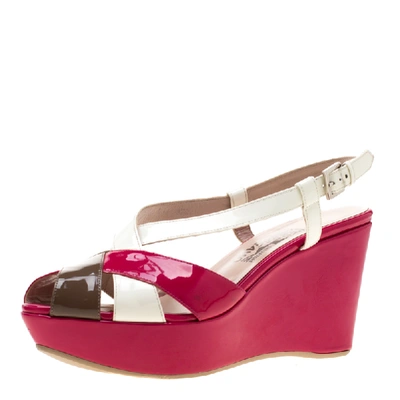 Pre-owned Ferragamo Tricolor Patent Leather Cross Ankle Starp Wedge Sandals Size 39.5 In Multicolor