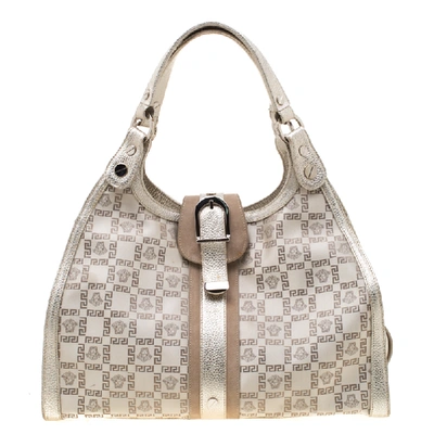 Pre-owned Versace Beige Metallic Canvas, Leather And Suede Trim Satchel