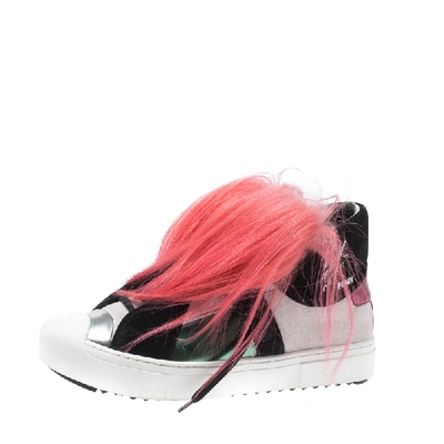 Pre-owned Fendi Multicolor Suede And Fox Fur Karlito High Top Sneakers Size 39