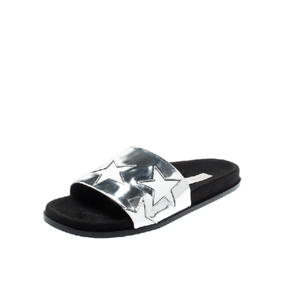 Pre-owned Stella Mccartney Metallic Silver/white Leather Star Flat Slides Size 38