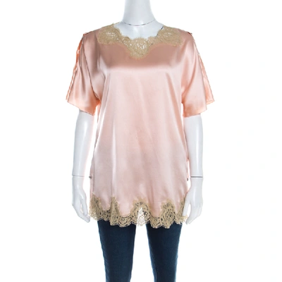 Pre-owned Dolce & Gabbana Peach Satin Silk Lace Trimmed Kimono Sleeve Blouse S In Pink