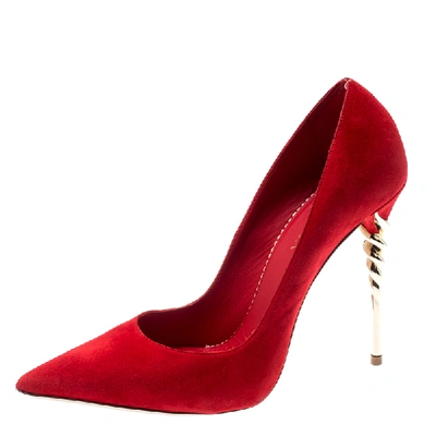 Pre-owned Le Silla Red Suede Pointed Toe Spiral Heel Pumps Size 38