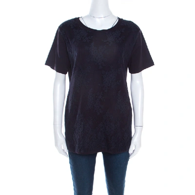 Pre-owned Miu Miu Navy Blue Jersey Lace Overlay Short Sleeve T-shirt L
