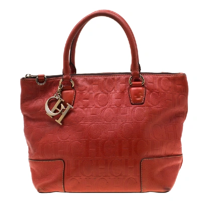 Pre-owned Carolina Herrera Orange Monogram Embossed Leather Tote