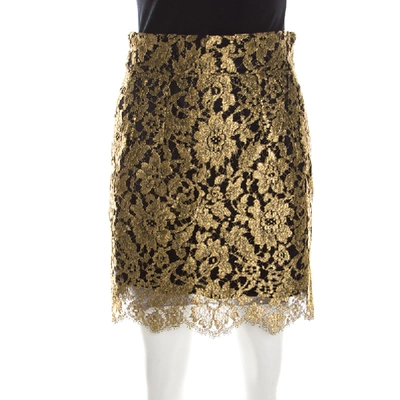Pre-owned Dolce & Gabbana Metallic Gold Lace Overlay Scalloped Mini Skirt S