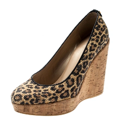 Pre-owned Stuart Weitzman Beige/black Leopard Print Raffia Platform Wedge Pumps Size 38.5