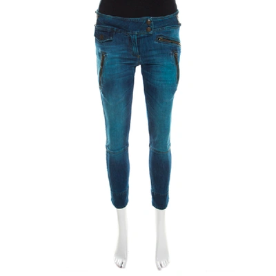 Pre-owned Just Cavalli Indigo Pigment Overdyed Denim Zipper Detail Tapered Jeans S In Blue