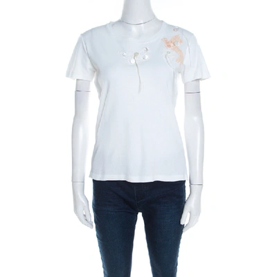 Pre-owned Louis Vuitton White Jersey Butterfly And Bird Lace Applique T-shirt L