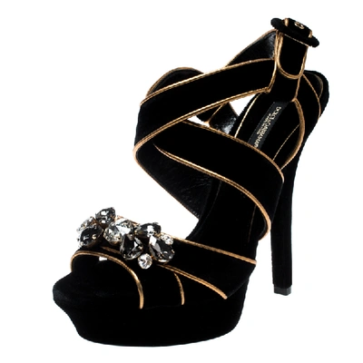 Pre-owned Dolce & Gabbana Black Velvet Metallic Gold Leather Trim Crystal Embellished Cross Strap Platform Sandals Size 38
