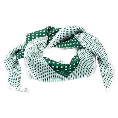 Pre-owned Dior Green And White Polka Dotted Silk Square Scarf