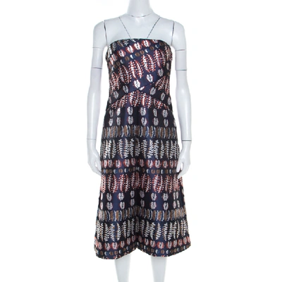 Pre-owned Tory Burch Navy Blue Lurex Fern Patterned Pleated Bodice Strapless Dress S