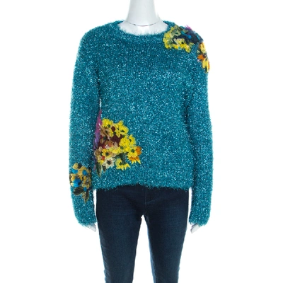 Pre-owned Dolce & Gabbana Metallic Blue Tinsel Rib Knit Floral Applique Sweater S In Black
