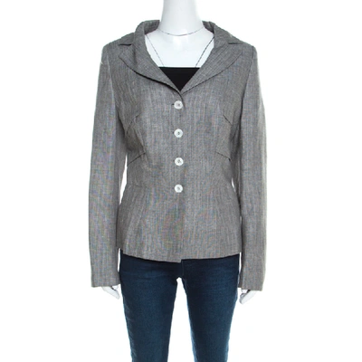 Pre-owned Escada Grey Linen And Wool Pleat Detail Tailored Blazer L