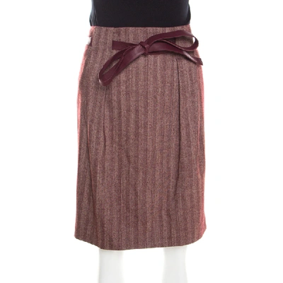 Pre-owned Escada Burgundy Herringbone Wool And Silk Knotted Leather Belt Detail Skirt M