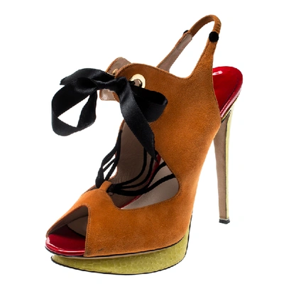 Pre-owned Nicholas Kirkwood Multicolor Suede And Elaphe Python Cut Out Platform Slingback Sandals Size 38 In Orange