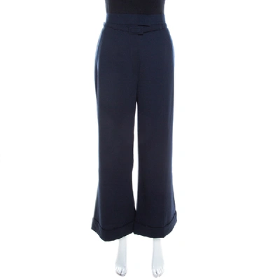Pre-owned Escada Navy Blue Stretch Wool Crepe Belted High Waist Wide Leg Pants L