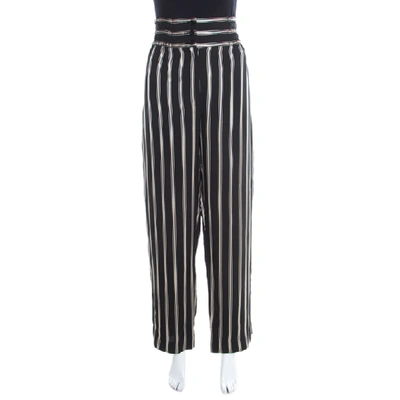 Pre-owned Etro Monochrome Striped Twill Elasticized Waist Wide Leg Trousers M In Black