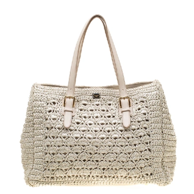 Pre-owned Dolce & Gabbana Off White Raffia Crochet Alma Tote