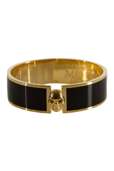 Pre-owned Alexander Mcqueen Skull Black Resin Gold Tone Wide Bracelet