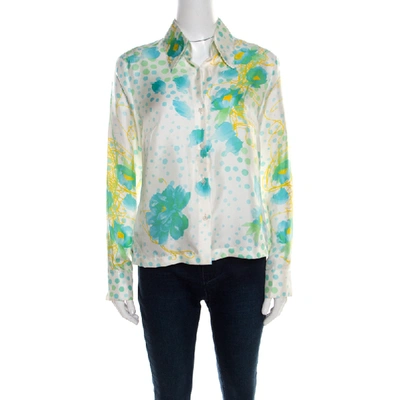 Pre-owned Escada Cream Floral Print Silk Twill Button Front Shirt M