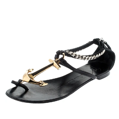 Pre-owned Giuseppe Zanotti Black Leather Gold Anchor Strap Flat Sandals Size 37