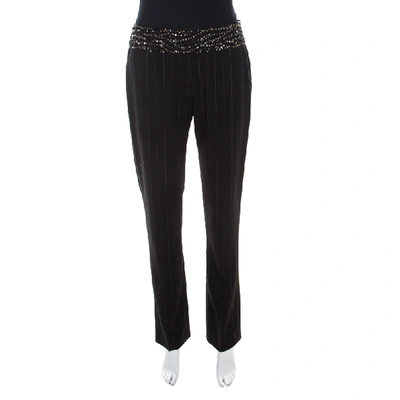 Pre-owned Escada Black Pinstriped Wool Embellished High Waist Detail Trousers S