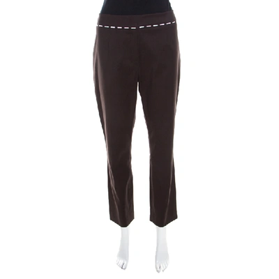 Pre-owned Escada Mocca Brown Stretch Cotton Embroidered Waist Detail Cropped Pants L