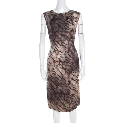 Pre-owned Escada Grey Mosaic Print Textured Silk Wool Sheath Dress L