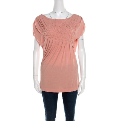 Pre-owned Escada Bellini Pink Diamond Pattern Pleated Jersey Cap Sleeve Estrelle Top M