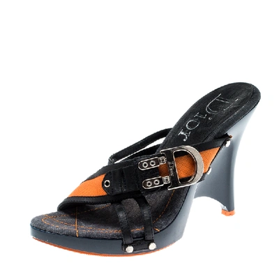 Pre-owned Dior Dark Blue Leather And Fabric Trim Buckle Detail Cross Strap Sandals Size 37 In Black