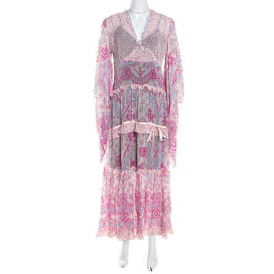 Pre-owned Escada Pink Abstract Print Crepe Silk Bead Embellished Kleid Maxi Dress M