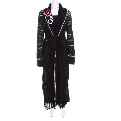 Pre-owned Escada Black Crochet Knit Floral Applique Scalloped Tassel Edge Long Cardigan L