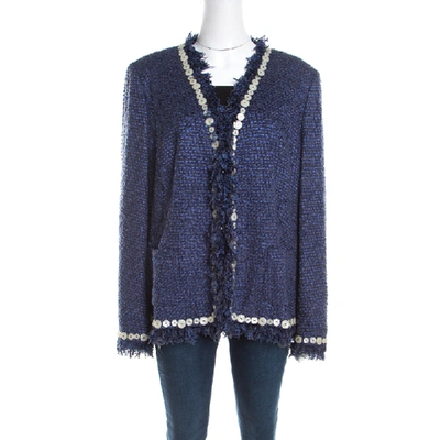 Pre-owned Escada Blue Textured Fringed Edge Button Embellished Boucle Jacket Xl