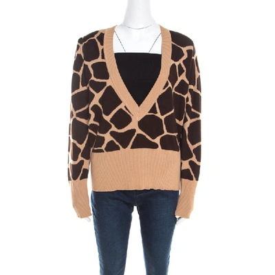 Pre-owned Escada Beige And Brown Giraffe Pattern Wool And Silk Knit Plunge V Neck Sweater L