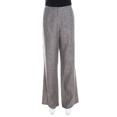 Pre-owned Escada Brown Basketweave Linen And Wool Wide Leg Hose Trousers Xl