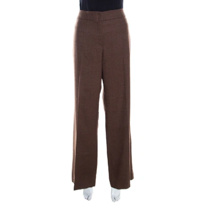 Pre-owned Escada Camel Brown Stretch Wool Wide Leg Hose Tailored Trousers L