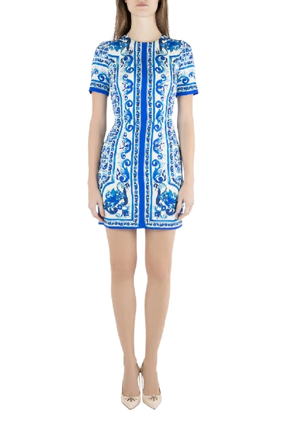 Pre-owned Dolce & Gabbana Blue And White Majolica Printed Silk Fitted Sheath Dress S