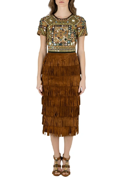 Pre-owned Burberry Prorsum Russet Brown Mirror Embellished Fringed Suede Midi Dress S In Multicolor